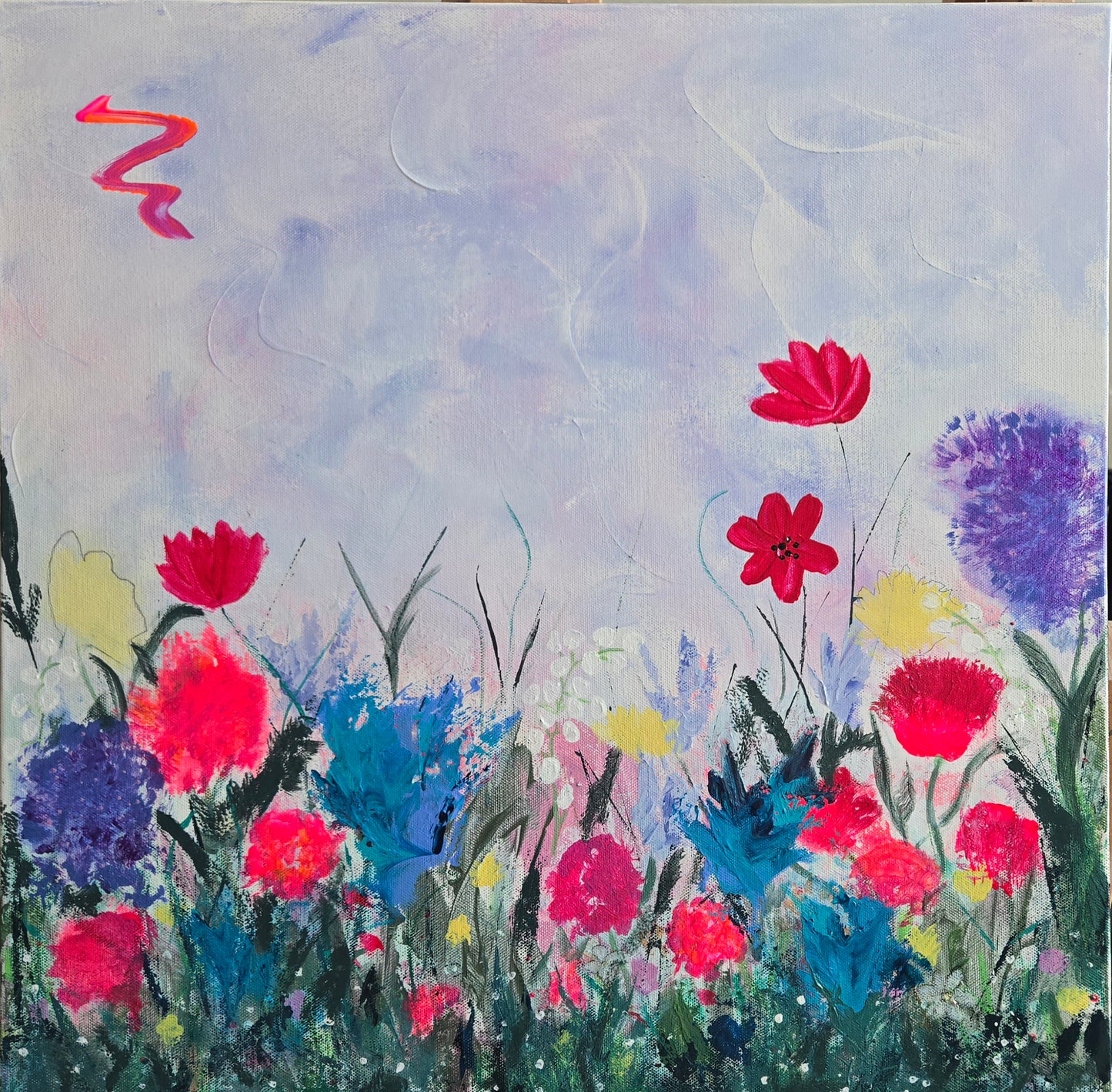 Colorful floral painting on a textured light blue background