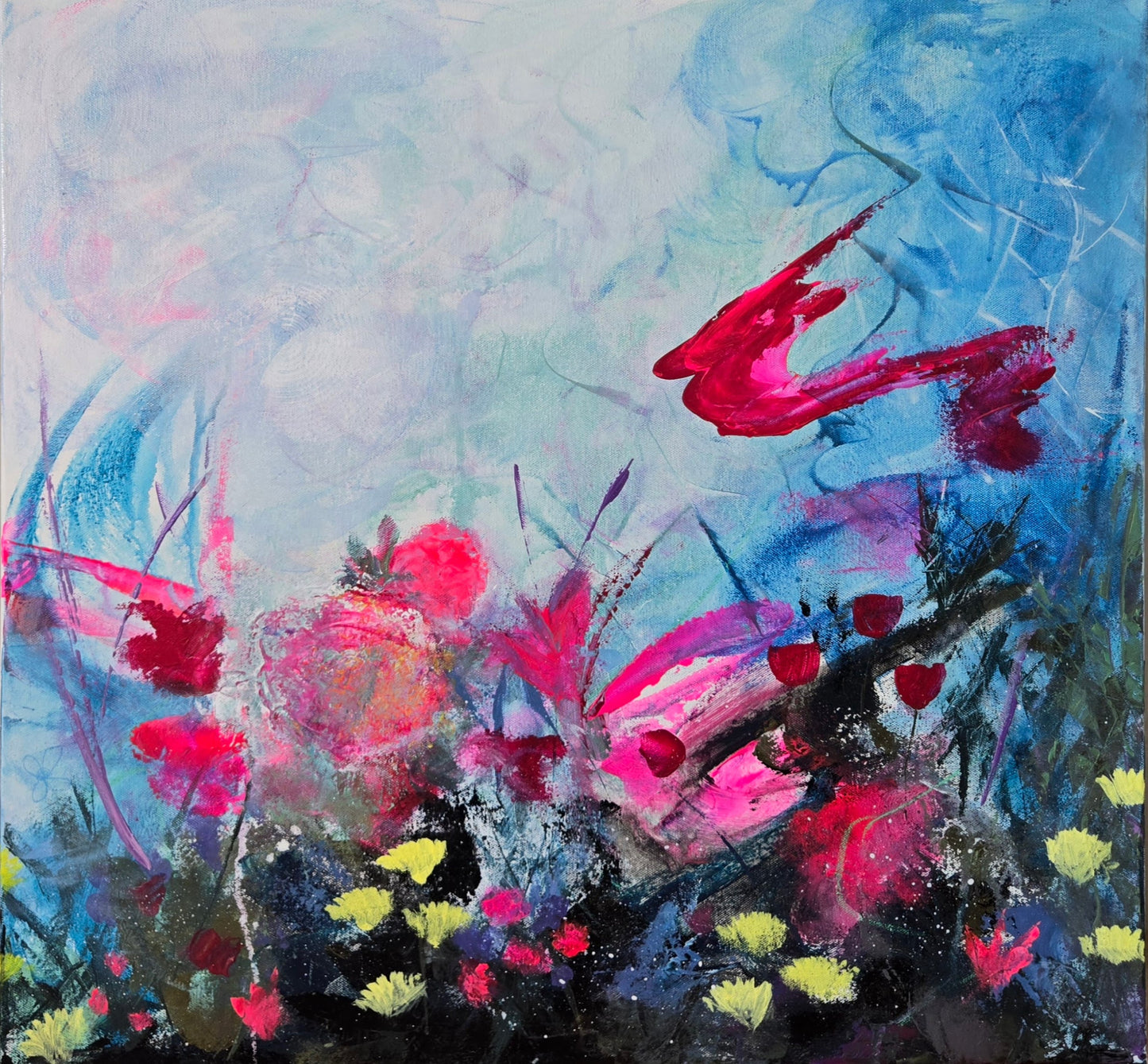 The second of a diptych, this loose abstract painting features bright floral shapes.