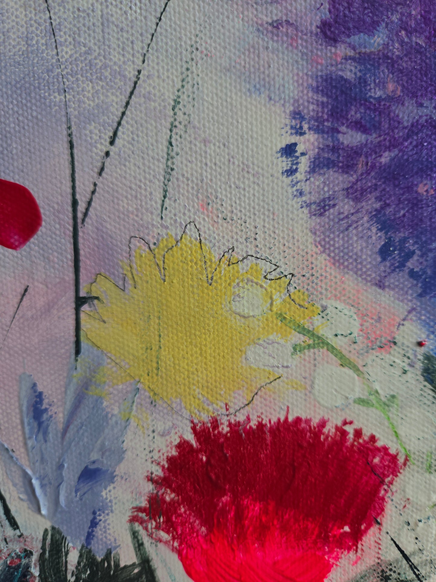 Abstract painting with colorful flowers on a textured surface