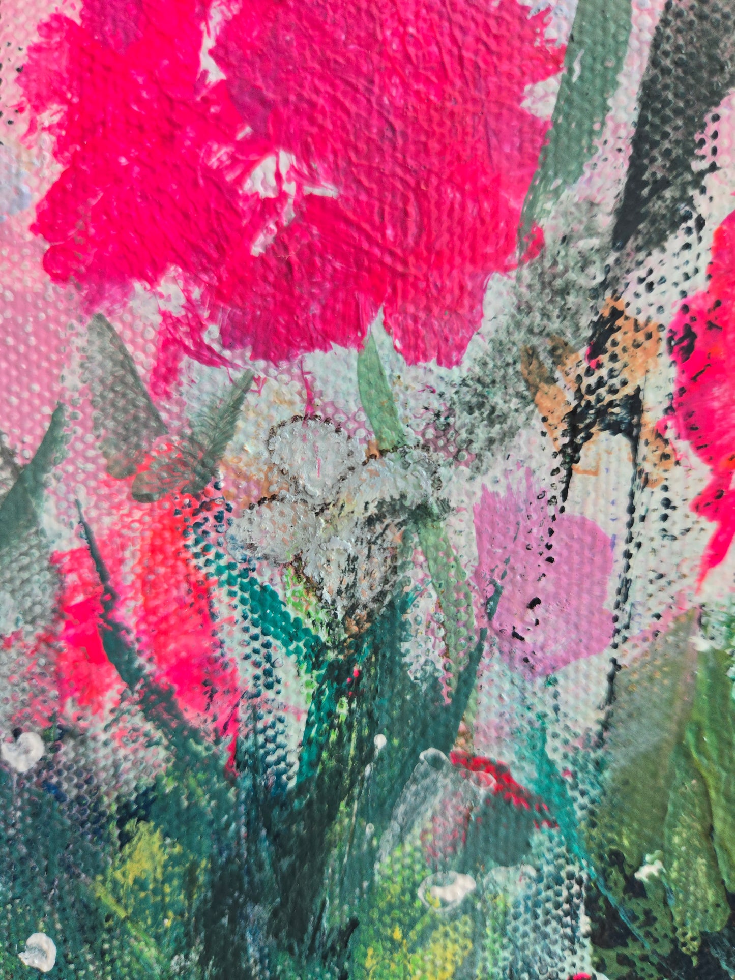 Abstract painting with pink, green, and black colors