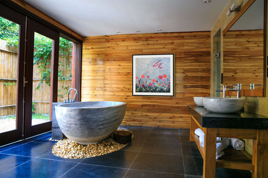 Display view of painting in a modern bathroom.