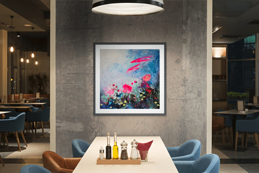 Installation view of Abstract Botanical 36 x 36 in a restaurant.