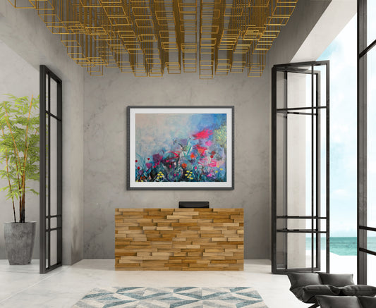 Installation picture of Abstract Botanical 36 x 48 in oceanfront lobby.
