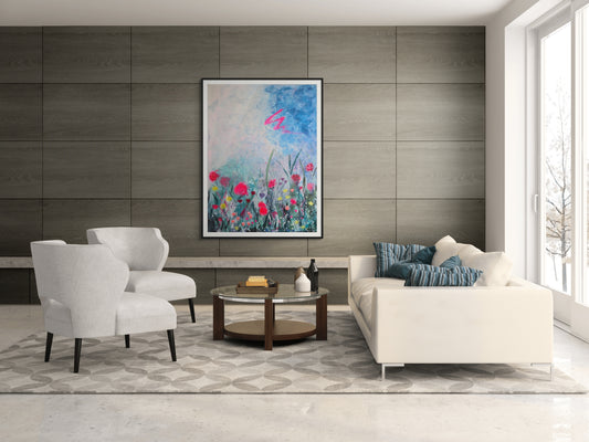 Installation view of Abstract Botanical 48 x 36 in a living room or waiting area.