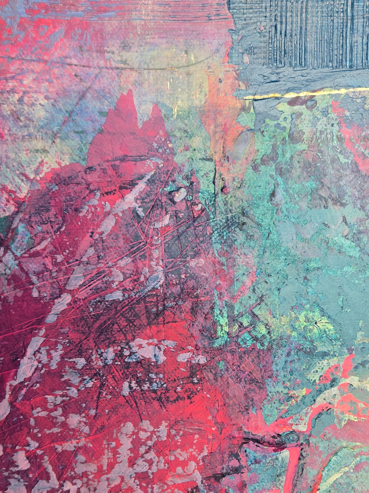 Detail 2 of Jog My Memory with scratches, texture, and gold accents.