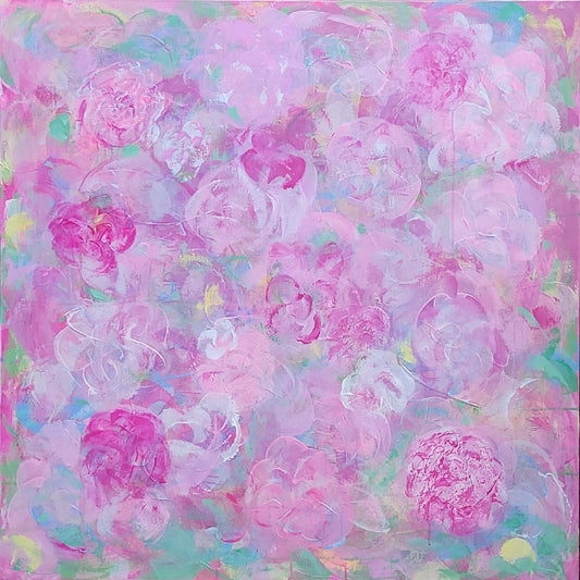 Abstract floral in pinks, whites, pale greens, and yellows.  36" x 36" x 1.5" Acrylic on canvas