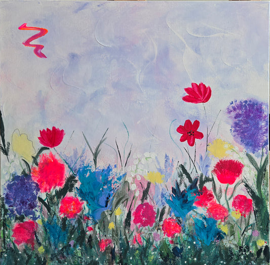 Colorful floral painting on a textured light blue background