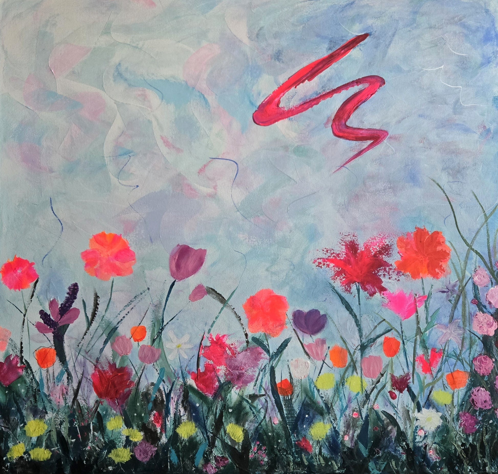 Colorful skies over multicolored flowers and grasses.