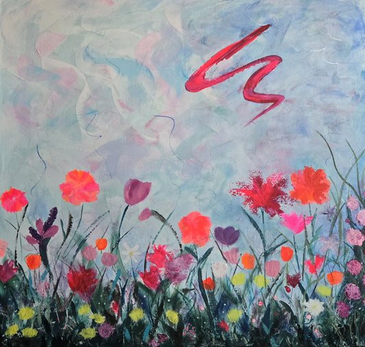 Colorful skies over multicolored flowers and grasses.