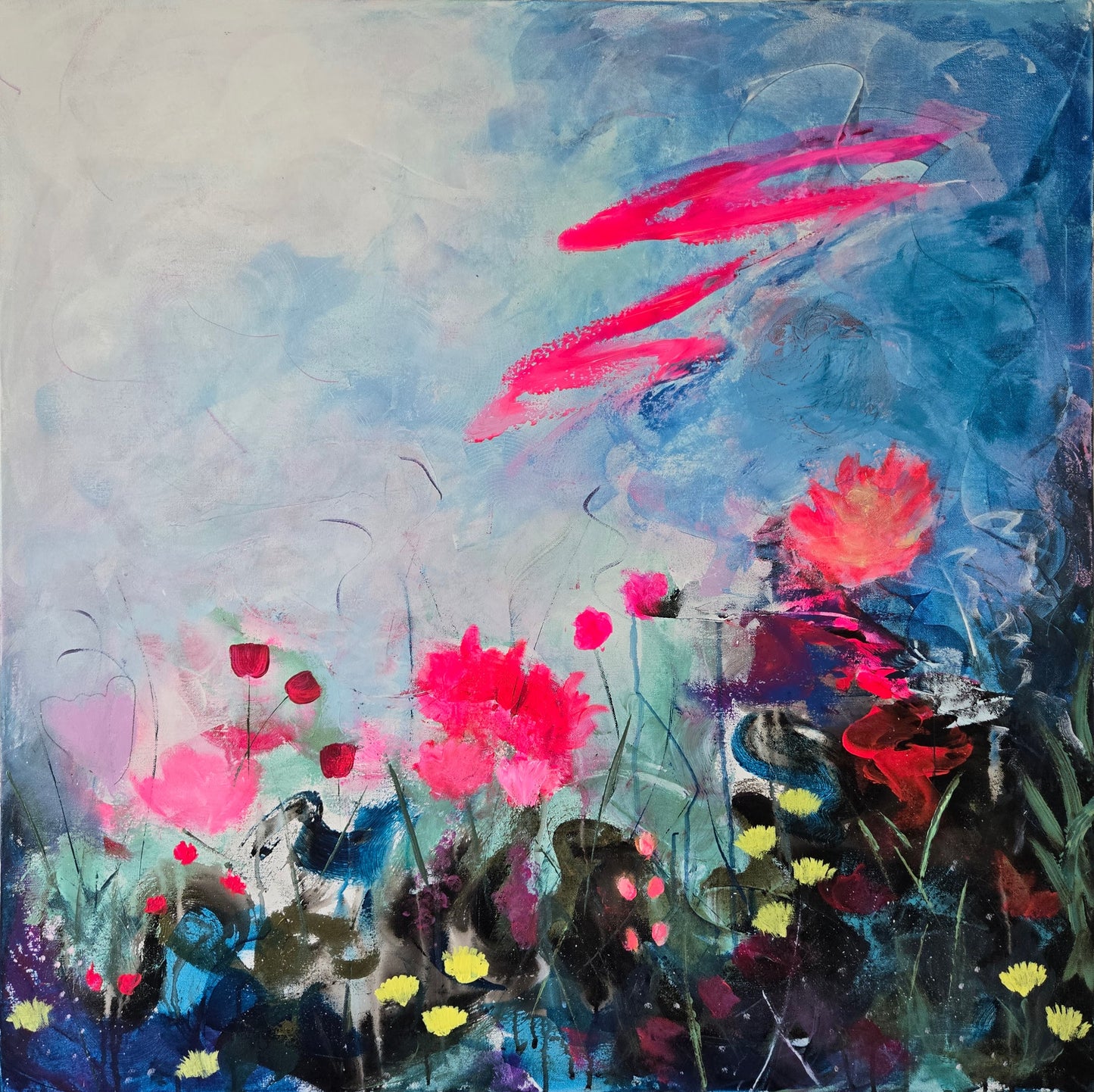 Vibrant nature-inspired painting with organic shapes.