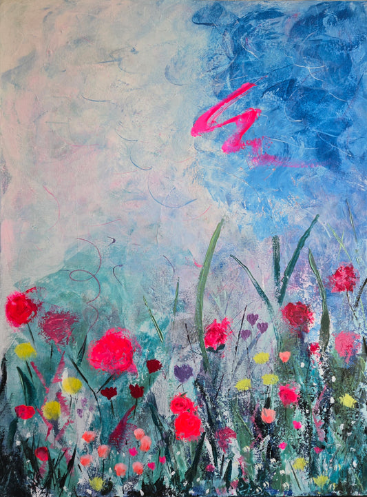 Colorful abstract depicting organic shapes reminiscent of a field of flowers.