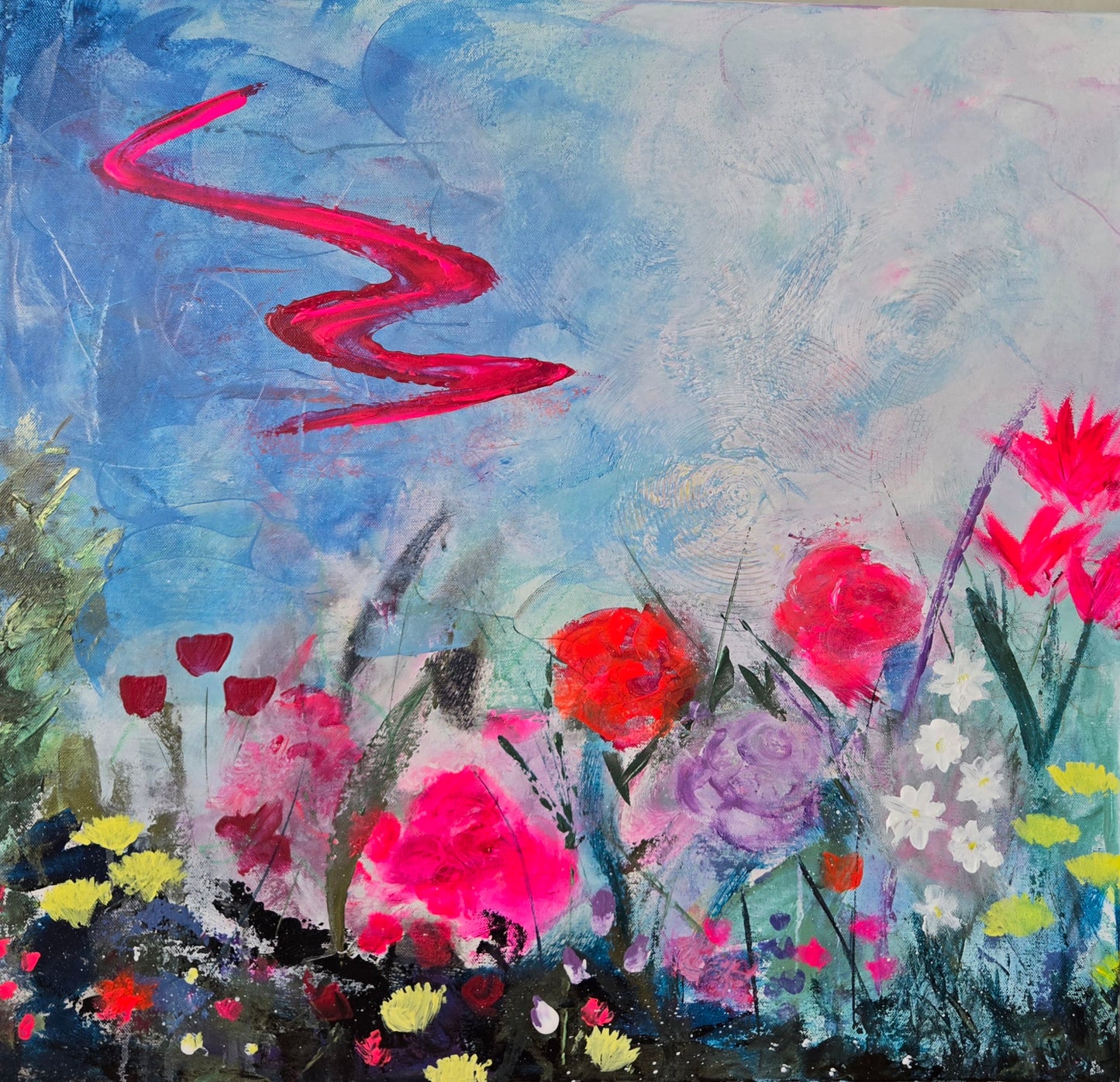 The second of a diptych, this playful, brightly colored painting has an interesting textured background.