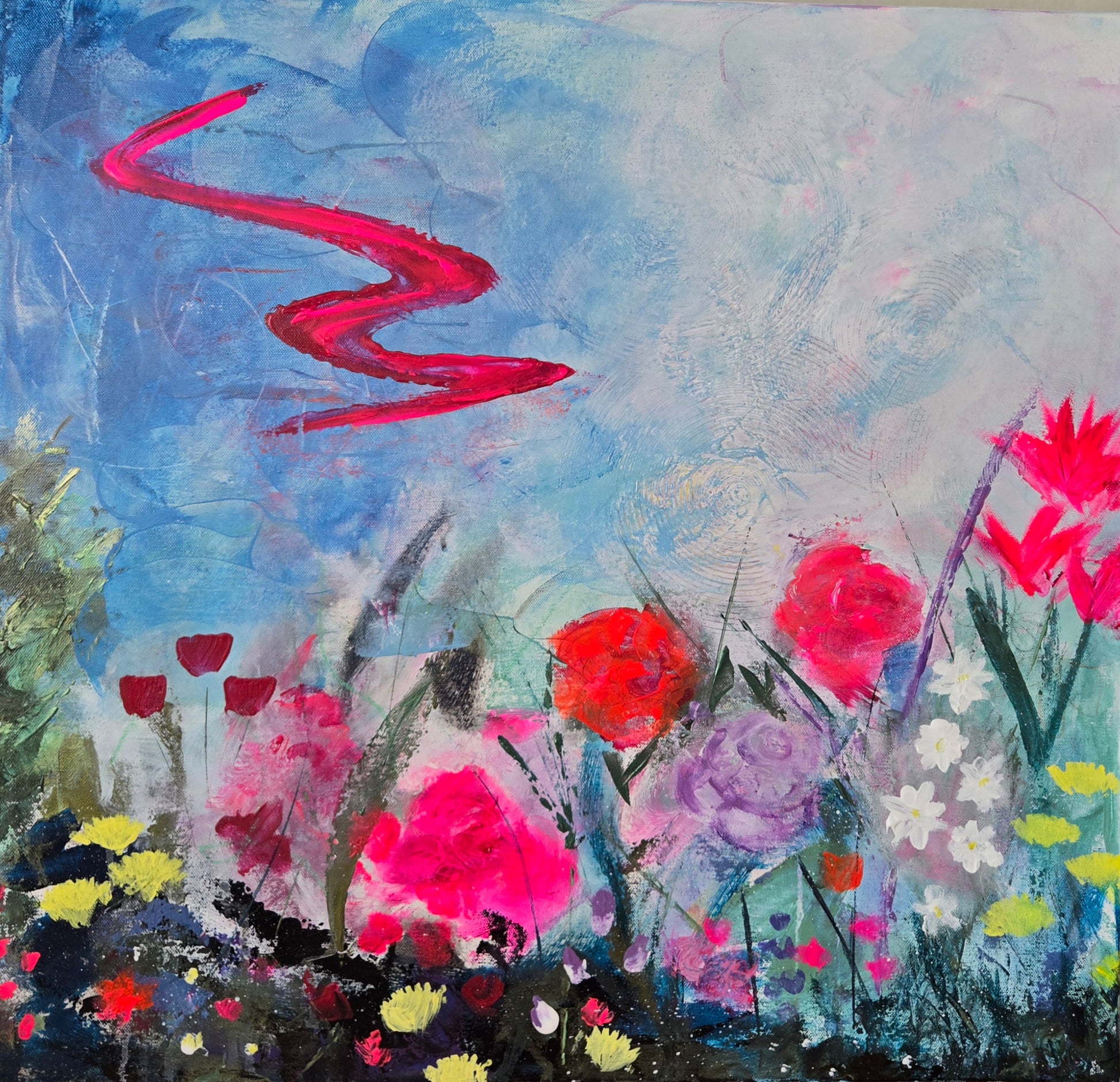 The second of a diptych, this playful, brightly colored painting has an interesting textured background.