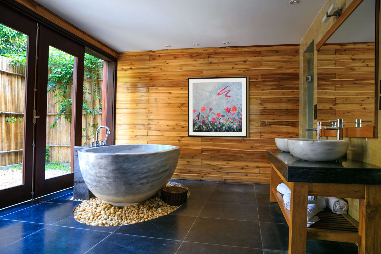 Display view of painting in a modern bathroom.