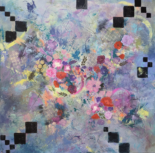 Abstract artwork with colorful flowers and geometric shapes