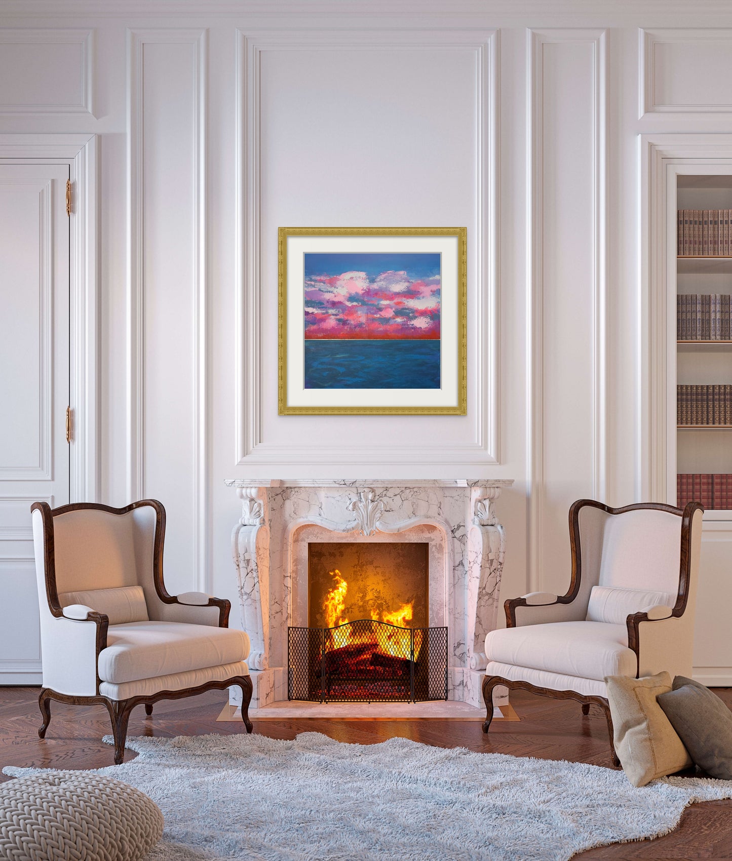 Elegant sitting room with victorian fireplace and the painting framed in gold above  the mantel.