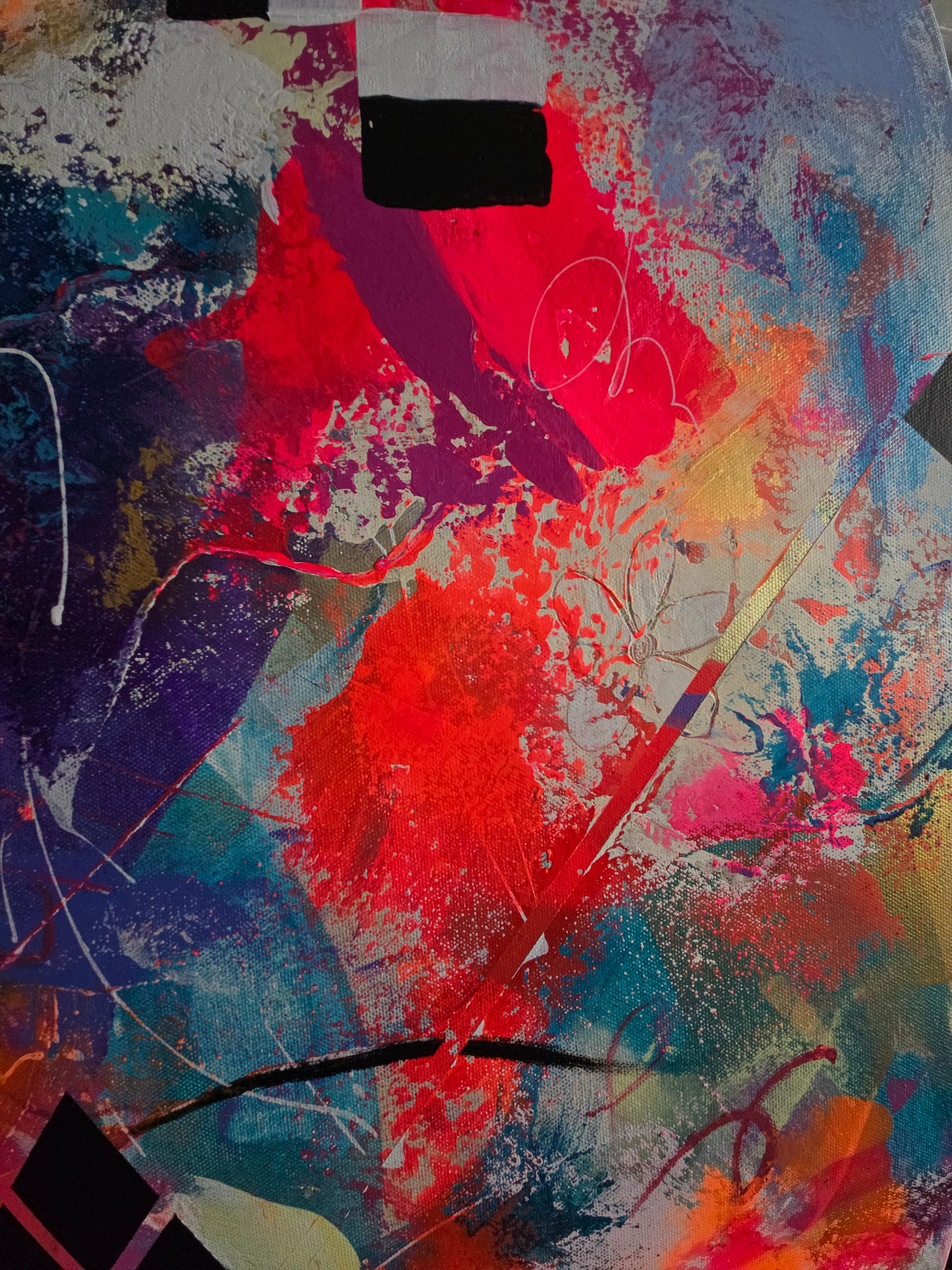 Detail image with vibrant colors and dynamic brush strokes contrasted with black and white squares.