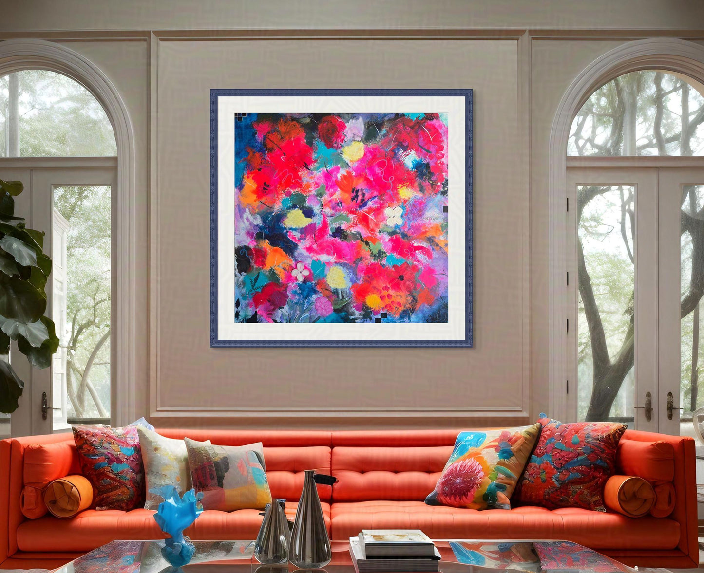 Living room with a colorful abstract painting on the wall above an orange sofa.