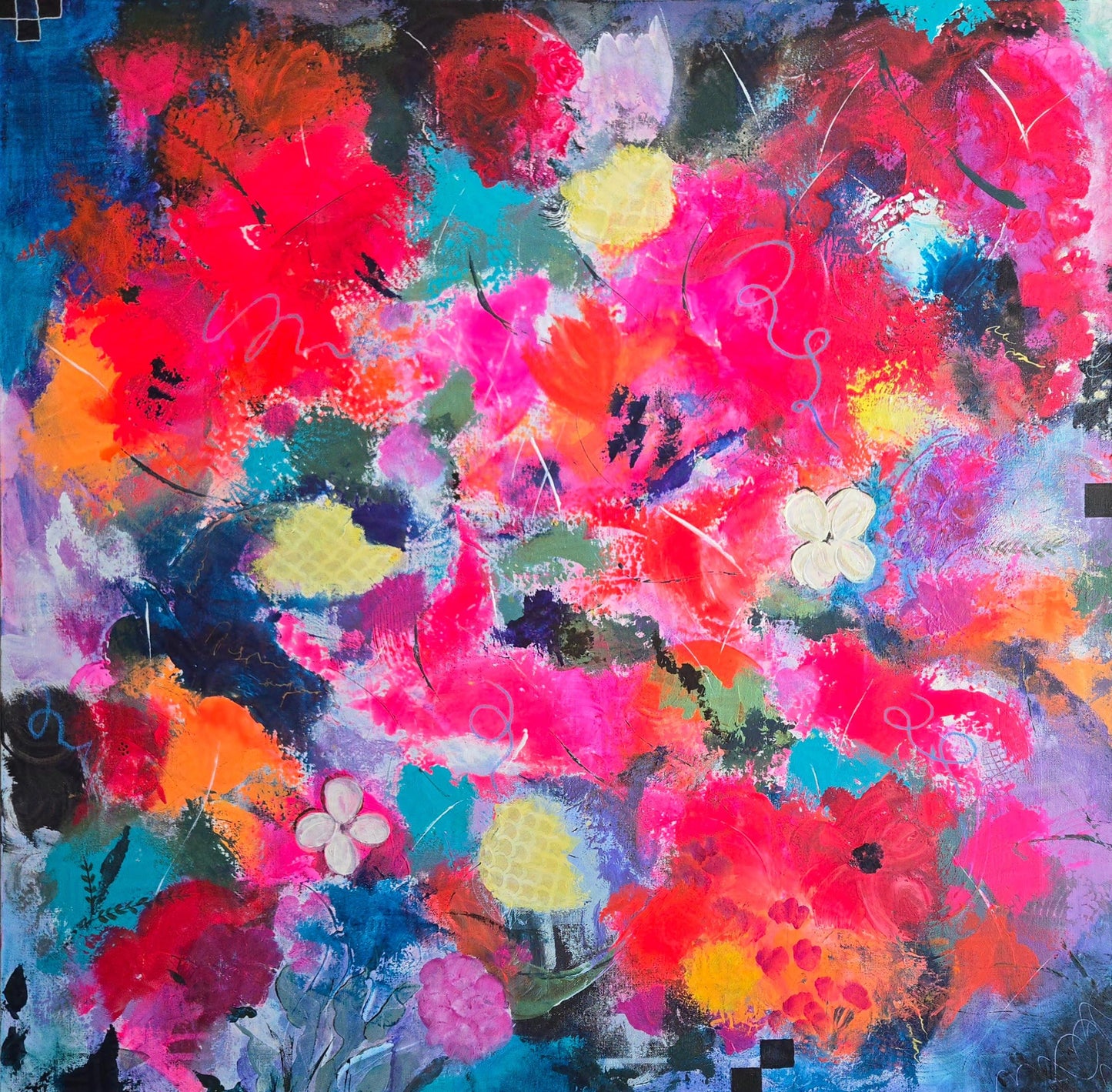Abstract painting with vibrant flowers in red, pink, yellow, and blue on a multicolored background.