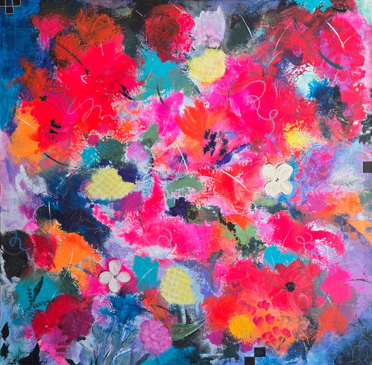 Abstract painting with vibrant flowers in red, pink, yellow, and blue on a multicolored background.