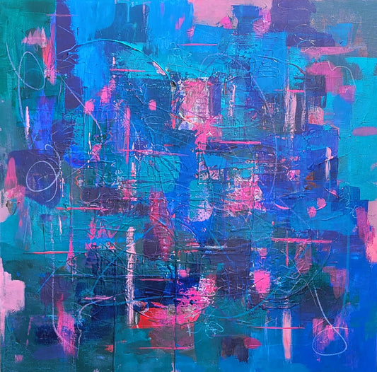 This heavily textured, multilayered painting features shades of blues and metallic greens with accents in shades of magenta and pink. Markings and underpainting show through in places with touches of red, gray, and plum. Edges are finished in black, suitable for hanging without a frame.  36" x