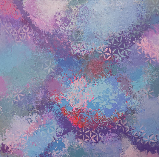 Kaleidoscope is the 6th painting in the Embracing the Journey limited-palette series. It features multiple textures, marks, tints, and shades of red, green, blue, pink, and purple with stenciled flowers. 20" x 20" x 1.5" Acrylic on gallery-wrapped canvas