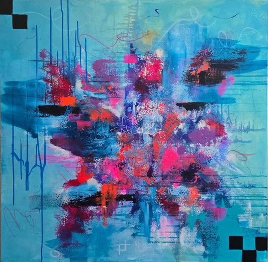 Teal and blue painting with brightly colored abstract form in the center. 