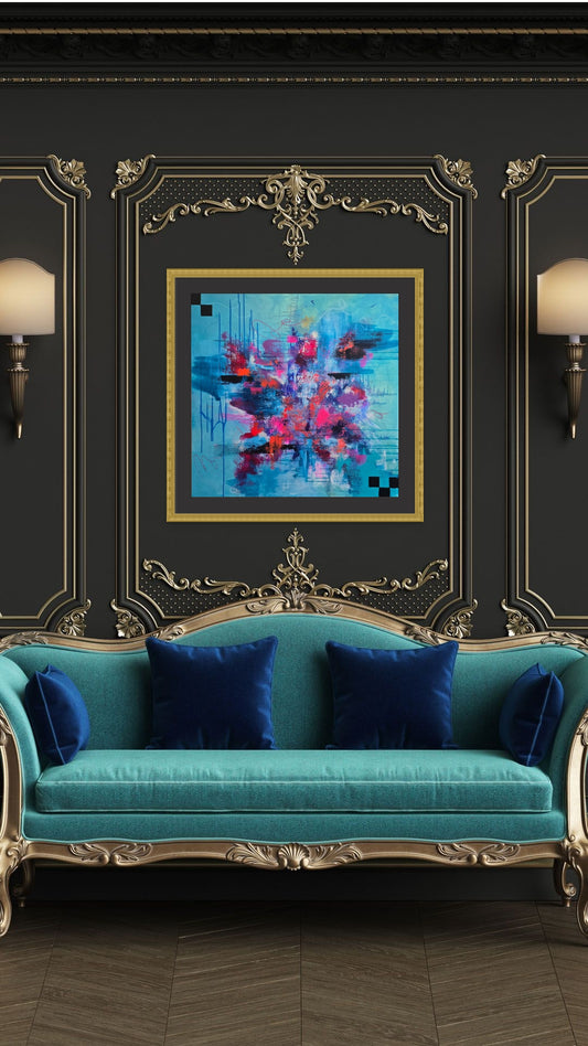 Installation view of a teal and blue painting with brightly colored abstract form in the center. 
