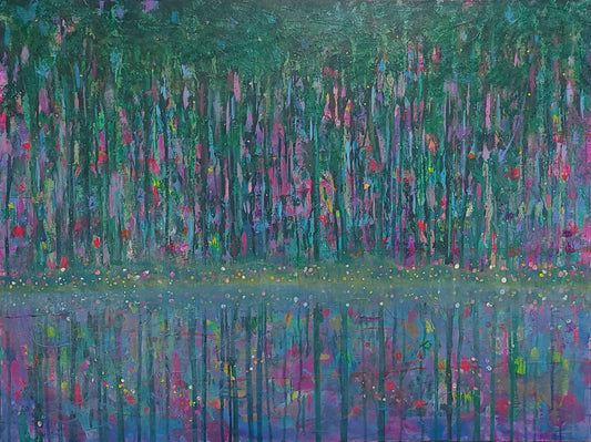 This magical painting features mmultiple bright colors mixed among various shades of greens and blues with multiple tiny reflective dots that look like fireflies.   30" x 40" x 1.5" Acrylic and collage on gallery-wrapped canvas. Edges are finished in black, suitable for hanging without a frame.