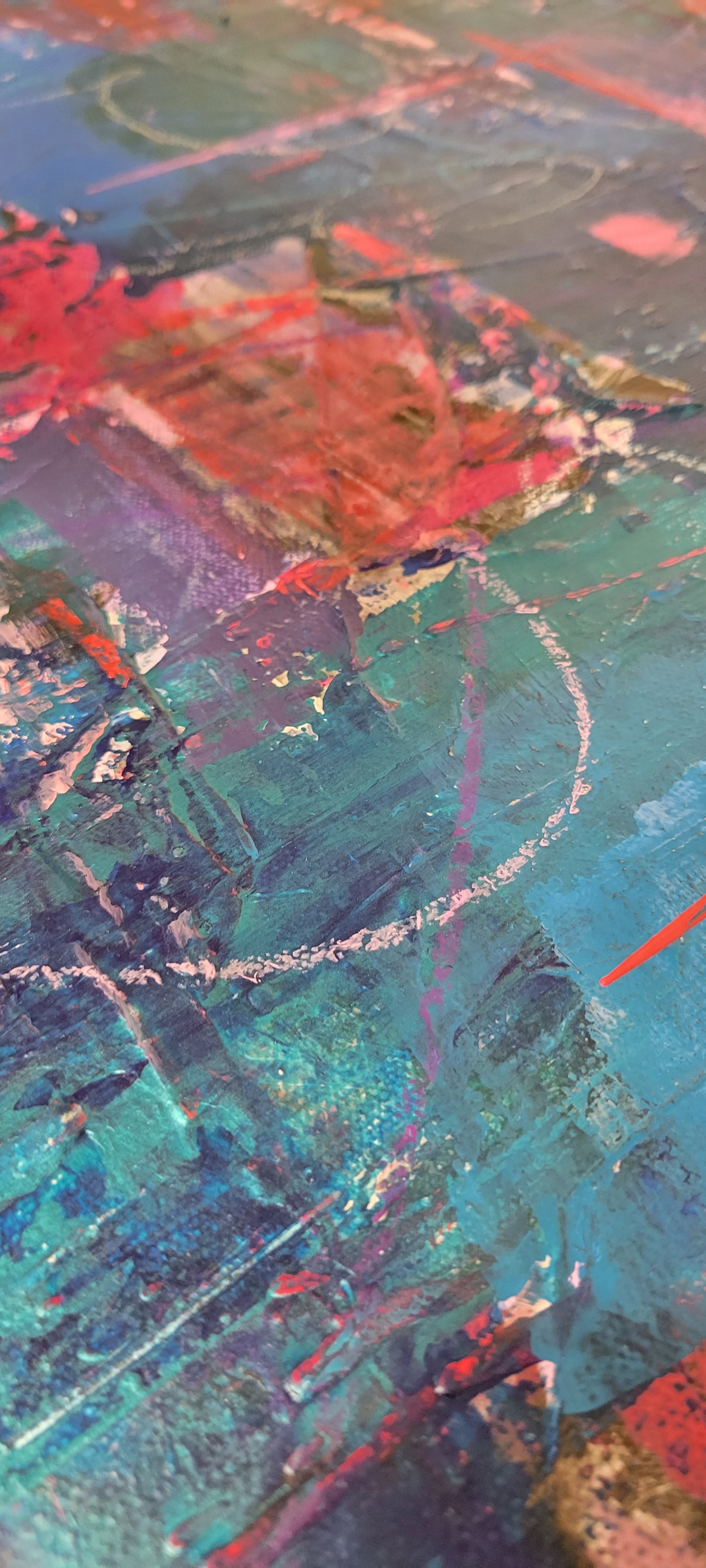Detail shows metallic blue-green, red, blush pink, cobalt blue, and light violet areas with oil pastel markings. 