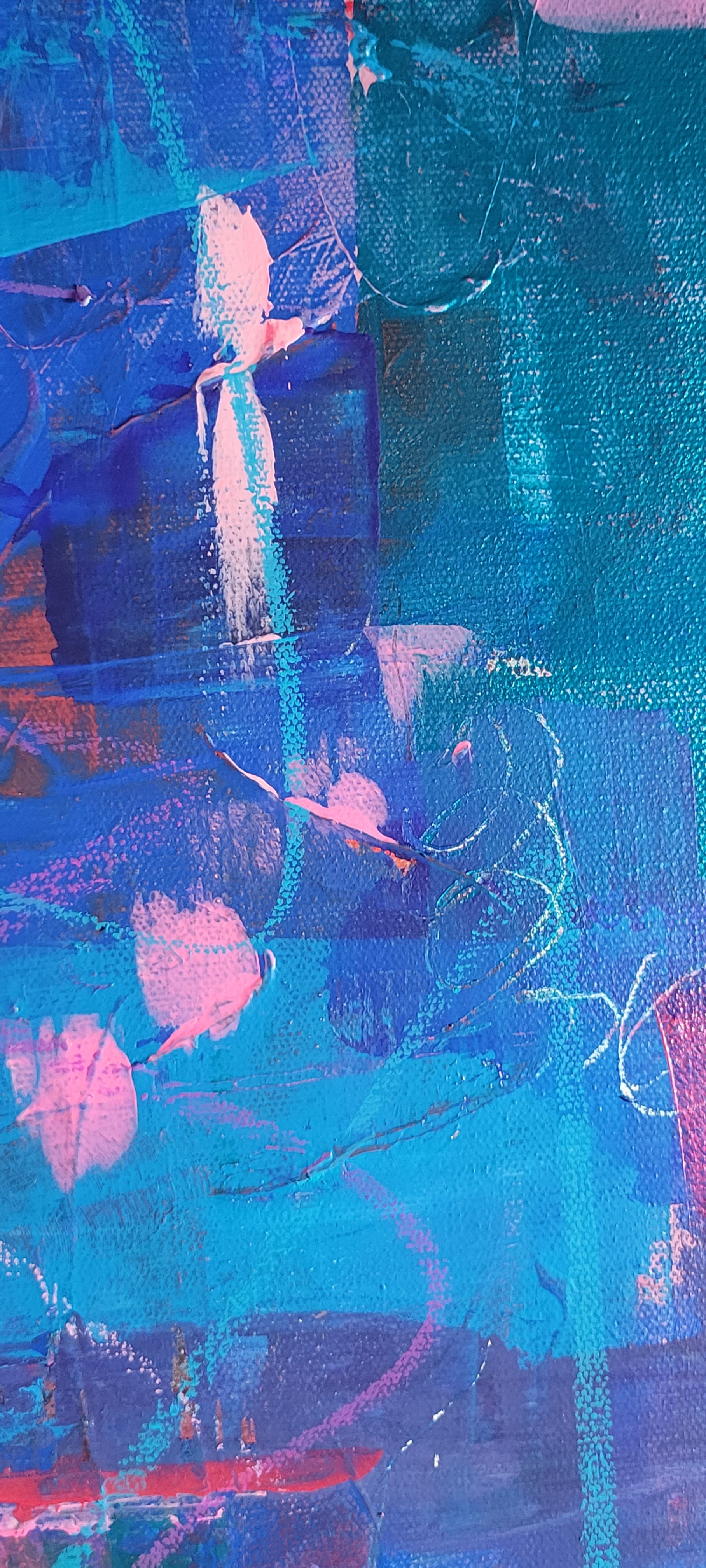 Detail shows vibrant blues with marks in shades of pink and magenta.